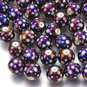 Christmas Electroplate Glass Beads, Round with Star Pattern, Purple Plated, 10mm, Hole: 1.2mm