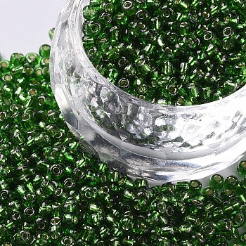 12/0 Glass Seed Beads, Silver Lined Round Hole, Round, Lime Green, 12/0, 2mm, Hole: 1mm, about 3333pcs/50g, 50g/bag, 18bags/2pounds
