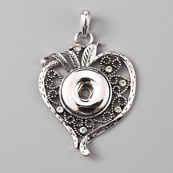 Alloy Rhinestone Hang Snap Base Pendant for Interchangeable Snap Charms Jewelry Making, Heart, Antique Silver, 52x39x5mm, Hole: 6x5mm, Button Hole: 9x4mm