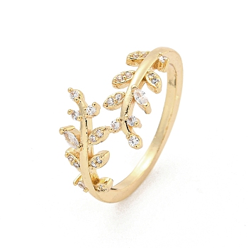 Brass Micro Pave Cubic Zirconia Cuff Rings, Leaf Open Rings for Women, Long-Lasting Plated, Golden, Adjustable
