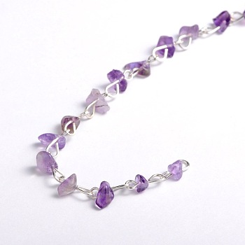 Handmade Natural Amethyst Chips Beads Chains for Necklaces Bracelets Making, with Silver Color Plated Iron Eye Pin, Unwelded, 39.3 inch, Beads: 5~9mm