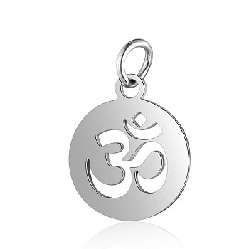 Chakra Theme Stainless Steel Pendants, with Jump Ring, Flat Round with Ohm/Aum, Stainless Steel Color, 1.7x1.2cm