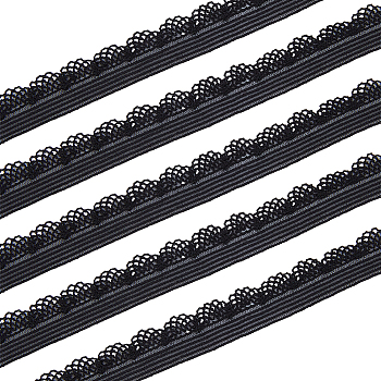 1 Roll Chinlon Elastic Lace Trim, Wavy Trimming Lace Ribbon, with 1Pc Cardboard Display Card, for Garment Accessories, Black, 12mm, about 20 yards/roll