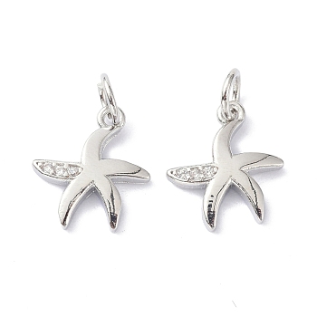 Brass Micro Pave Cubic Zirconia Charms, with Jump Ring, Long-Lasting Plated, Lead Free & Cadmium Free, Starfish, Real Platinum Plated, 13x11x2mm