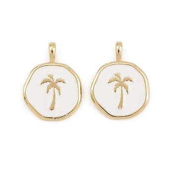 Brass Enamel Pendants, Flat Round & Coconut Tree Charms, Rack Plating, Cadmium Free & Lead Free, Long-Lasting Plated, Real 18K Gold Plated, White, 18x14x4mm, Hole: 4x2mm