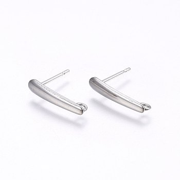 201 Stainless Steel Stud Earring Findings, with Loop and 304 Stainless Steel Pin, Rectangle, Stainless Steel Color, 15x3x1mm, Hole: 1.5mm, Pin: 0.8mm