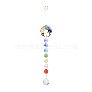 Natural & Synthetic Mixed Gemstone Tree with Glass Window Hanging Suncatchers, Golden Brass Tassel Pendants Decorations Ornaments, Round, 238mm(HJEW-JM00853-03)