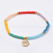 Chakra Jewelry, Charm Bracelets, with Faceted Rondelle Glass Beads and Real 18K Gold Plated Brass Charms, Flat Round with Starfish/Sea Stars, Colorful, 2-1/8 inch(5.5cm)(BJEW-JB04764-04)