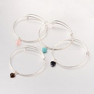 Adjustable Silver Color Plated Brass Charm Bangles, with Natural & Synthetic Mixed Stone Heart Charm, 61x2mm(BJEW-JB02101)
