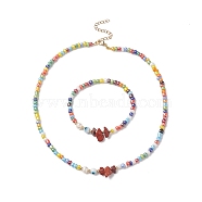 Rainbow Color Glass Beaded Bracelet & Necklace Sets, Natural Cultured Freshwater Pearl & Red Jasper & Handmade Evil Eye Lampwork Beaded Jewelry for Women, Colorful, Bracelet Inner Diameter: 2-1/8 inch(5.3cm), 1pc, Necklace: 15-3/4 inch(40.1cm), 1pc(SJEW-JS01269)