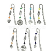 7Pcs 7 Style Tree of Life Feather Tibetan Style Alloy Pendant Bookmark with Cat Eye, Tibetan Style Hook Bookmarks, Mixed Color, 123x20mm, 1pc/style(AJEW-JK00277)