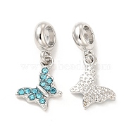 Rack Plating Alloy Rhinestone European Dangle Charms, Large Hole Charms, Butterfly, Platinum, Aquamarine, 25~26.5mm, Butterfly: 15~16x9.5~12.5x2.5mm, Hole: 4.5~5mm(PALLOY-P289-12P-03)