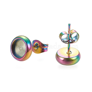 Ion Plating(IP) 304 Stainless Steel Stud Earring Settings, with Ear Nuts, Flat Round, Rainbow Color, 8.5mm, Pin: 0.8mm, Tray: 6mm(STAS-K202-05B-M)