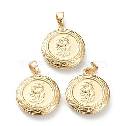 Brass Locket Pendants, Photo Frame Pendants for Necklaces, Flat Round with Flower, Real 18K Gold Plated, 22.5x20x4.5mm, Hole: 4.5x3mm, 14mm Inner Diameter(X-KK-P199-07G)