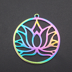 Ion Plating(IP) 201 Stainless Steel Pendants, Ring with Lotus, Laser Cut, Rainbow Color, 32x30x1mm, Hole: 1.6mm(STAS-R111-JA538)