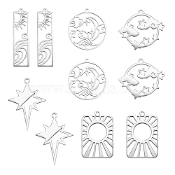 12Pcs 6 Styles 201 Stainless Steel Pendants, Laser Cut, 5 Pointed Star & Flat Round & Rectangle & Arch, Stainless Steel Color, 26~41x11~30.5x1mm, Hole: 1.5~1.8mm, Hole: 1.6mm,  2pcs/style(STAS-SZ0002-21)