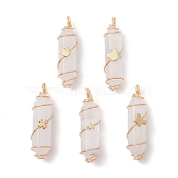 Natural Quartz Crystal Copper Wire Wrapped Pendants, Rock Crystal, Faceted Bullet Charms with Light Gold Tone Brass Beads, Mixed Shapes, 36~37.5x10~10.5x11~12mm, Hole: 3.5~4mm(PALLOY-JF02534)
