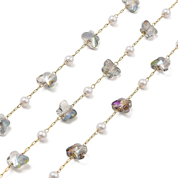 Butterfly Glass & ABS Plastic Pearl Beaded Link Chains, with Golden 304 Stainless Steel Paperclip Chains, Soldered, with Spool, Light Grey, 6x7.5x4.5mm, 4x3.5mm, about 32.81 Feet(10m)/Roll