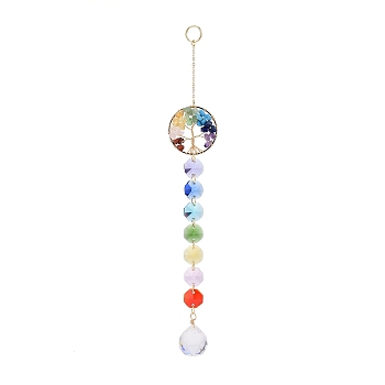 Natural & Synthetic Mixed Gemstone Tree with Glass Window Hanging Suncatchers, Golden Brass Tassel Pendants Decorations Ornaments, Round, 238mm