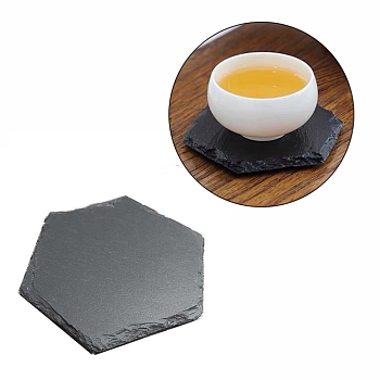 Natural Black Stone Cup Mat, Rough Edge Coaster, with Sponge Pad, Hexagon, 86x100x7.4mm