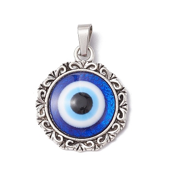 Translucent Resin Evil Eye Pendants, Aloy Blue Lucky Eye Charms, Antique Silver, 29.5x25x5mm, Hole: 8x4mm