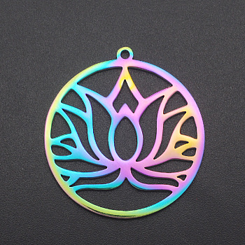 Ion Plating(IP) 201 Stainless Steel Pendants, Ring with Lotus, Laser Cut, Rainbow Color, 32x30x1mm, Hole: 1.6mm