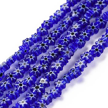 Handmade Millefiori Glass Bead Strands, Flower, Medium Blue, 4~7.2x2.6mm, Hole: 1mm, about 60~69pcs/Strand, 16 inch(40cm)