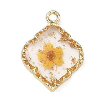 Alloy Epoxy Resin Pendants, with Dried Flower inside, Rhombus Charms, Golden, Yellow, 22.5x16.5x3.5mm, Hole: 2mm
