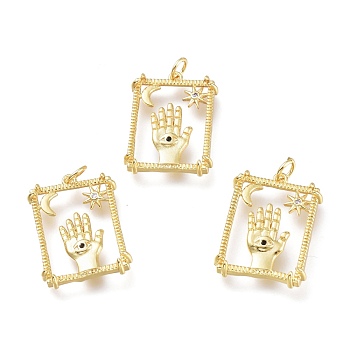 Brass Micro Pave Cubic Zirconia Pendants, with Jump Rings, Long-Lasting Plated, Rectangle & Hand & Star & Moon, Golden, 25x18x4mm, Hole: 3.5mm