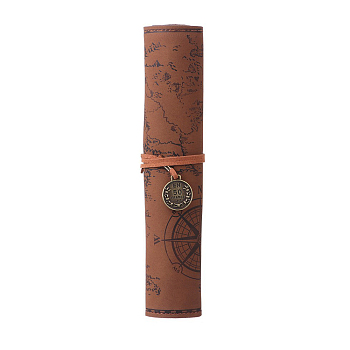 Treasure Map Pattern Imitation Leather Pen Roll Up, Stationery Pencil Wrap, Camel, 205x310mm
