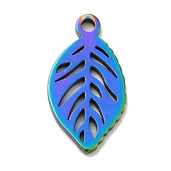 Ion Plating(IP) 201 Stainless Steel Pendants, Leaf Charms, Rainbow Color, 14x7.5x1mm, Hole: 1.2mm