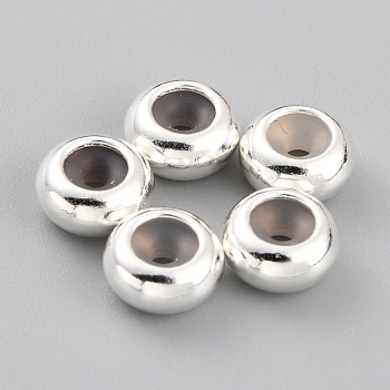 Brass Beads, with Rubber Inside, Slider Beads, Stopper Beads, Long-Lasting Plated, Rondelle, 925 Sterling Silver Plated, 6x3mm, Rubber Hole: 1.2mm