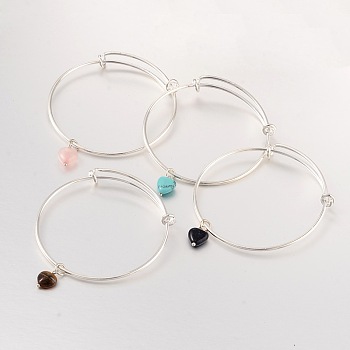 Adjustable Silver Color Plated Brass Charm Bangles, with Natural & Synthetic Mixed Stone Heart Charm, 61x2mm