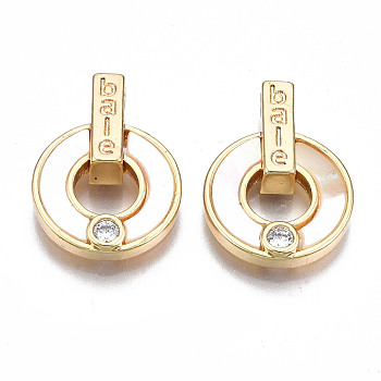 Brass Micro Pave Clear Cubic Zirconia Pendants, with Natural Shell, Nickel Free, Ring with Bale, Real 18K Gold Plated, 19.5x14.5x4.5mm, Hole: 1.8mm
