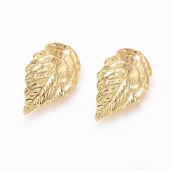 304 Stainless Steel Pendants, Textured Leaf, Real 18k Gold Plated, 17x10x1mm, Hole: 1mm