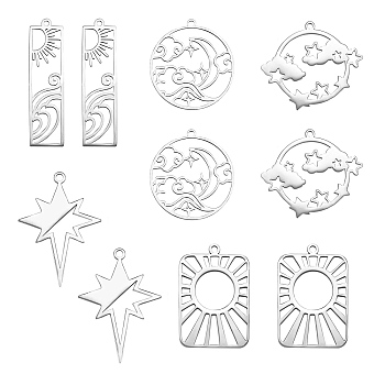 12Pcs 6 Styles 201 Stainless Steel Pendants, Laser Cut, 5 Pointed Star & Flat Round & Rectangle & Arch, Stainless Steel Color, 26~41x11~30.5x1mm, Hole: 1.5~1.8mm, Hole: 1.6mm,  2pcs/style