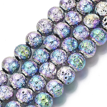 Electroplated Natural Lava Rock Beads Strands, Round, Bumpy, Colorful, 8.5mm, Hole: 1mm, about 47pcs/Strand, 15.35 inch(39cm)