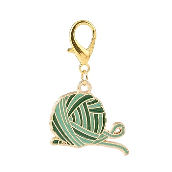 Yarn Ball Alloy Enamel Pendants Decorations, Lobster Clasp Charms, for Keychain, Purse, Backpack Ornament, Golden, Dark Green, 38mm, Pendant: 20x26x1.5mm