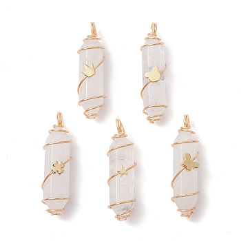 Natural Quartz Crystal Copper Wire Wrapped Pendants, Rock Crystal, Faceted Bullet Charms with Light Gold Tone Brass Beads, Mixed Shapes, 36~37.5x10~10.5x11~12mm, Hole: 3.5~4mm