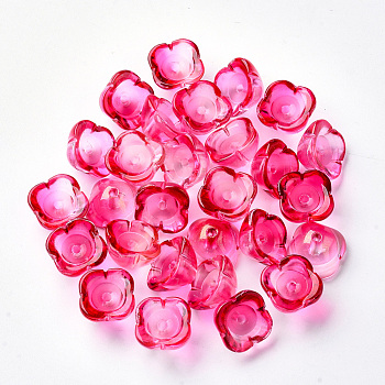 4-Petal Transparent Spray Painted Glass Bead Caps, with Glitter Powder, Flower, Deep Pink, 11.5x11.5x7mm, Hole: 1.6mm