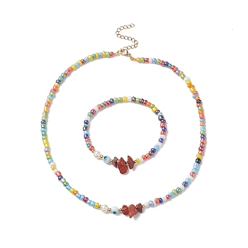 Rainbow Color Glass Beaded Bracelet & Necklace Sets, Natural Cultured Freshwater Pearl & Red Jasper & Handmade Evil Eye Lampwork Beaded Jewelry for Women, Colorful, Bracelet Inner Diameter: 2-1/8 inch(5.3cm), 1pc, Necklace: 15-3/4 inch(40.1cm), 1pc