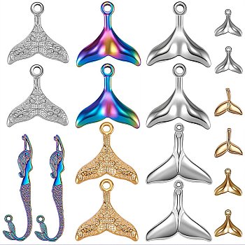 18Pcs 9 Style Eco-Friendly Brass and 304 Stainless Steel Charms, Tibetan Style Alloy Pendants, Fishtail and Mermaid, Mixed Color, 9.7~81.5x9~29.5x1.5~3mm, Hole: 1.5~3mm