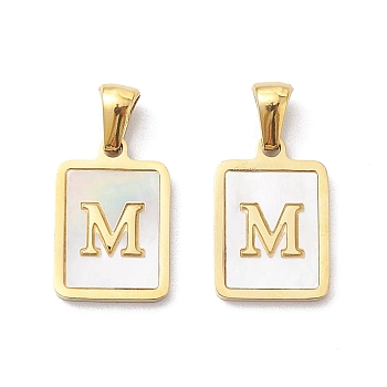 Ion Plating(IP) 304 Stainless Steel Pave Shell Pendants, Rectangle Charm, Real 18K Gold Plated, Letter M, 17.5x12x1.5mm, Hole: 3x5mm