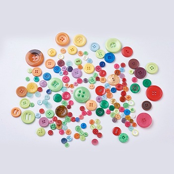 Resin Sewing Buttons For Costume Design, Flat Round, Mixed Color, 8~38x2~9mm, Hole: 1~6mm