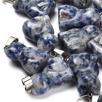 Natural Blue Spot Jasper Pendants, with 201 Stainless Steel Finding, Cat, 24~25x15~16x9~10mm, Hole: 4.5x7mm