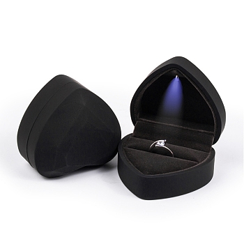 Heart Shaped Plastic Ring Storage Boxes, Jewelry Ring Gift Case with Velvet Inside and LED Light, Black, 7.15x6.4x4.35cm