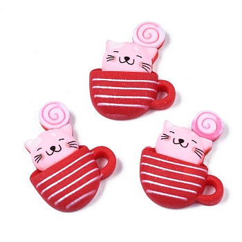 Opaque Resin Cabochons, Rubberized Style, Cat in Cup, FireBrick, 34~35x27x8mm