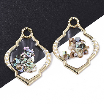 Epoxy Resin Pendants, with Shell and Light Gold Plated Alloy Open Back Bezel, Rhombus, Clear, 37x28.5x3.5mm, Hole: 3.5mm