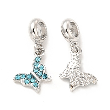 Rack Plating Alloy Rhinestone European Dangle Charms, Large Hole Charms, Butterfly, Platinum, Aquamarine, 25~26.5mm, Butterfly: 15~16x9.5~12.5x2.5mm, Hole: 4.5~5mm