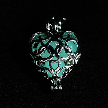 Luminous Stone Pendants, Brass Hollow Heart Charms, with Jump Ring, Deep Sky Blue, 23x16x10mm, Hole: 6mm